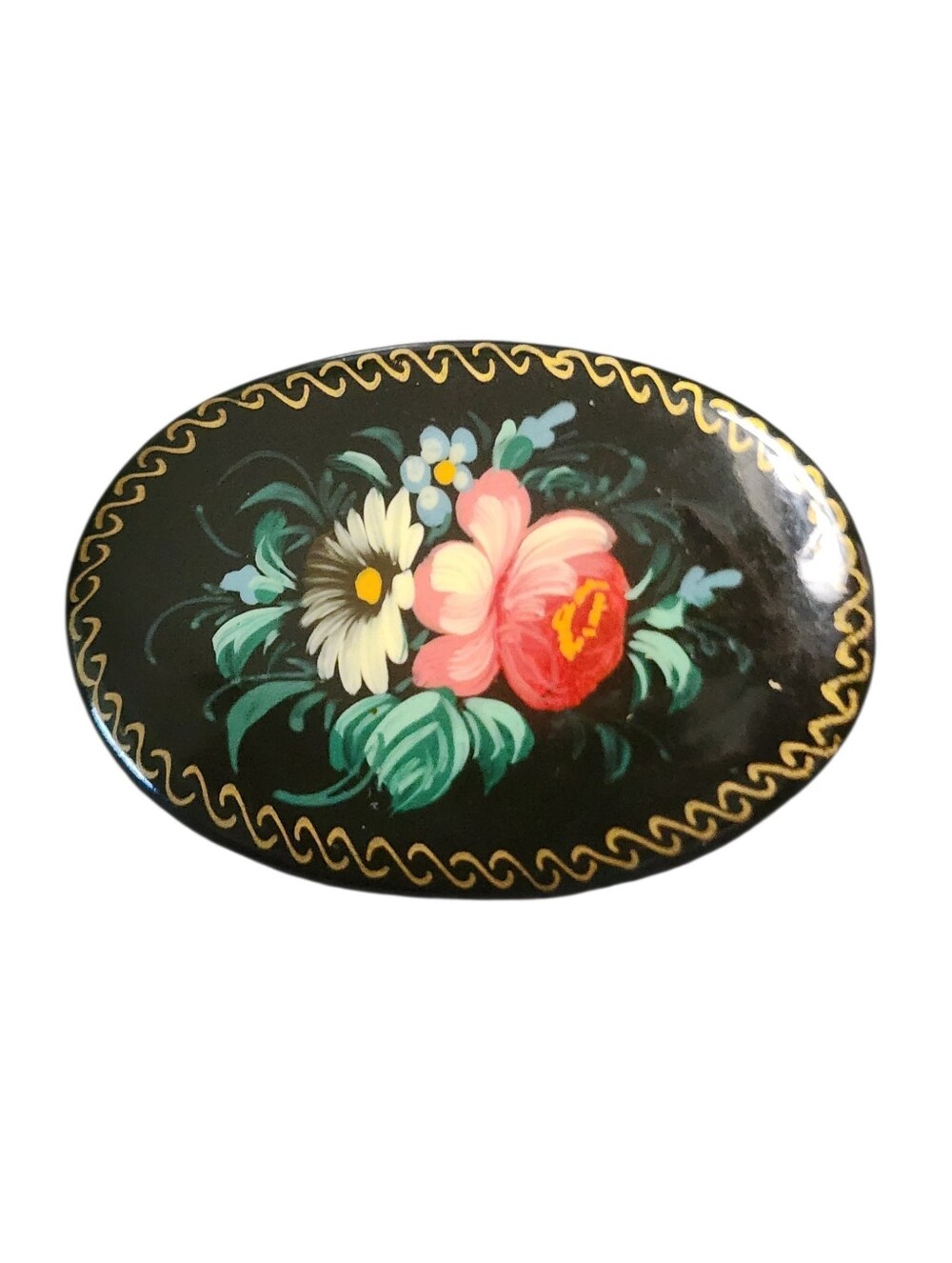 Vintage Russian Black Lacquer Hand-Painted Floral Brooch Signed